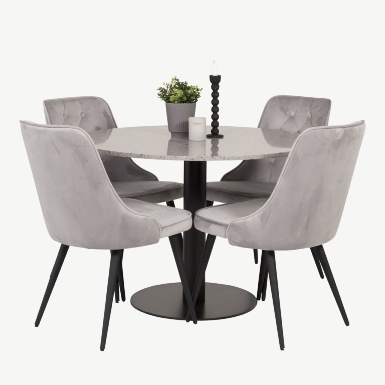 Razzia ümmargune terrazzo söögilaud ja helehallid velvetist toolid - GR14066