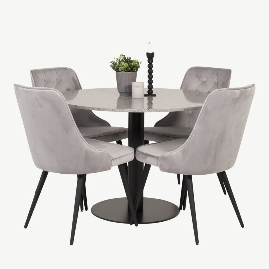 Razzia ümmargune terrazzo söögilaud ja helehallid velvetist toolid, GR14066 – 4