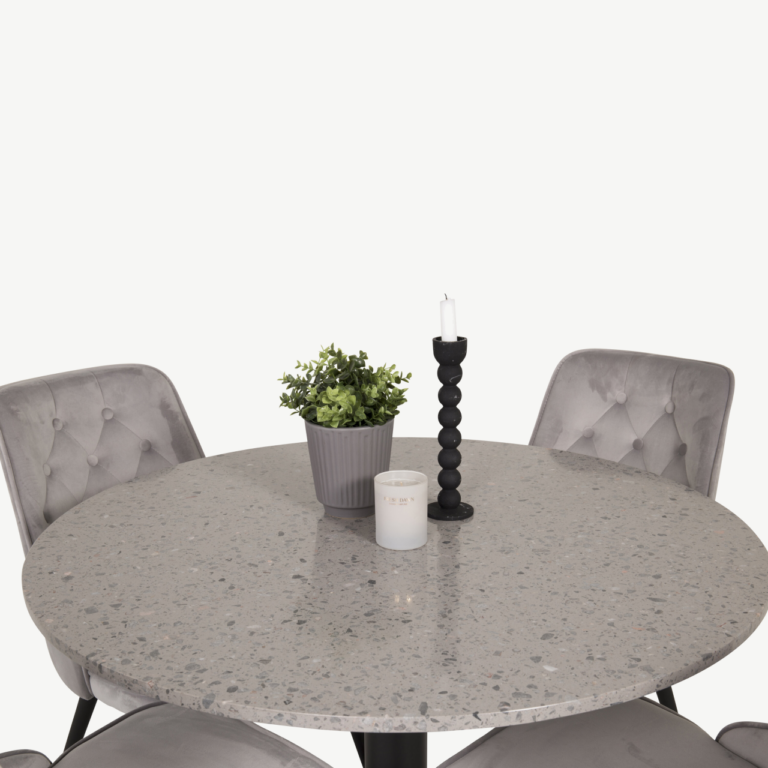 Razzia ümmargune terrazzo söögilaud ja helehallid velvetist toolid - GR14066