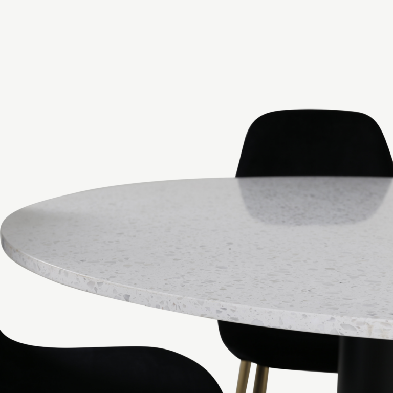 Ümmarguse valge terrazzo lauaplaadiga söögilaua komplekt Razzia, must metall, must samet, mattkuldne jalg - GR14071