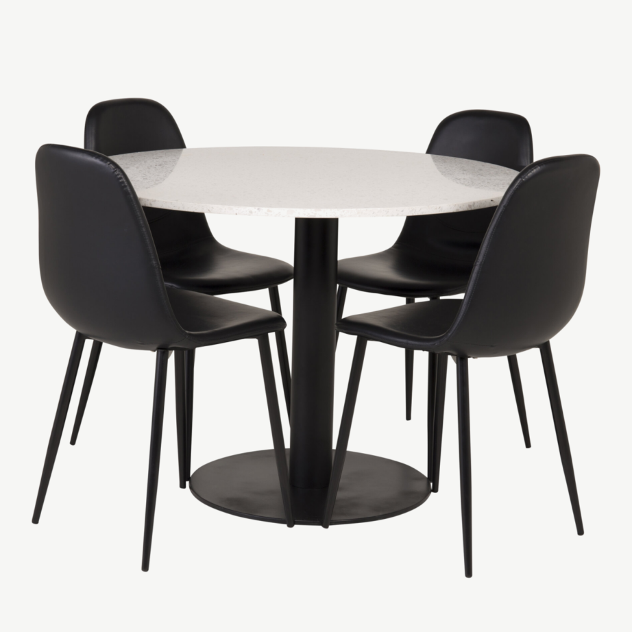 Ümmargune söögilauakomplekt Razzia valge terrazzo lauaplaadi ja mustade Polar toolidega, GR14074 – 3
