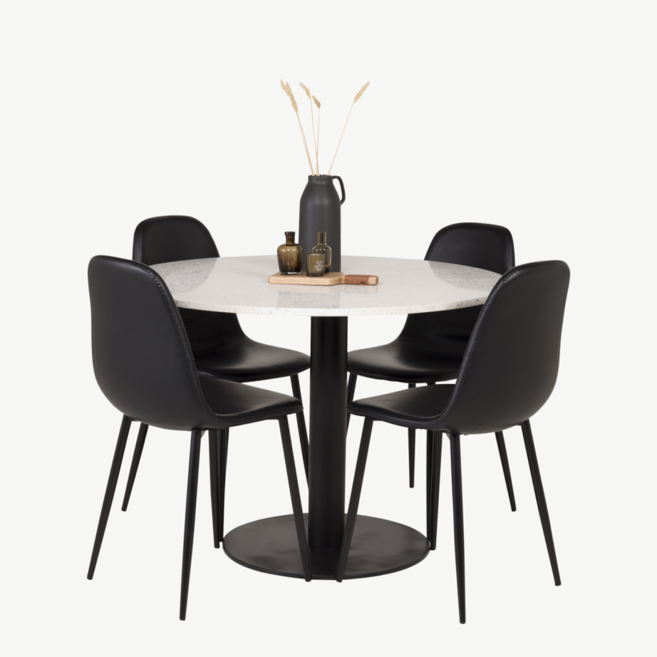 Ümmargune söögilauakomplekt Razzia valge terrazzo lauaplaadi ja mustade Polar toolidega, GR14074 – 4