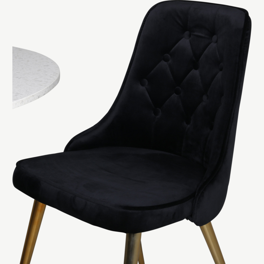 Razzia ümmargune valge terazzo söögilaud ja 4 musta sametist tooli kuldsete jalgadega, GR14078 – 2