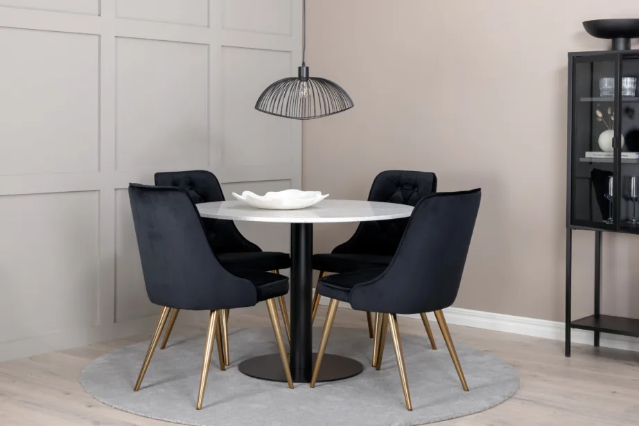 Razzia ümmargune valge terazzo söögilaud ja 4 musta sametist tooli kuldsete jalgadega, GR14078 – 3