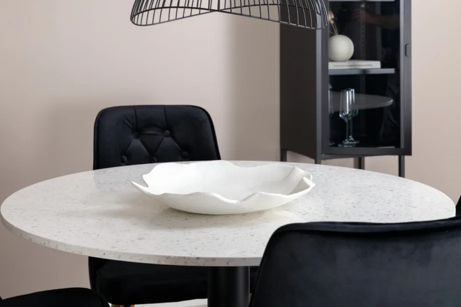 Razzia ümmargune valge terazzo söögilaud ja 4 musta sametist tooli kuldsete jalgadega, GR14078 – 4