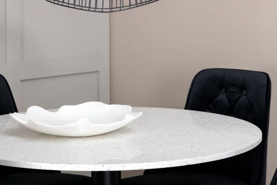 Razzia ümmargune valge terazzo söögilaud ja 4 musta sametist tooli kuldsete jalgadega, GR14078 – 5