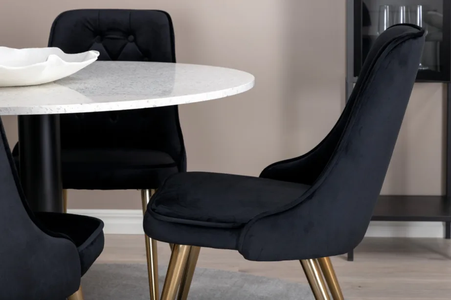 Razzia ümmargune valge terazzo söögilaud ja 4 musta sametist tooli kuldsete jalgadega, GR14078 – 7