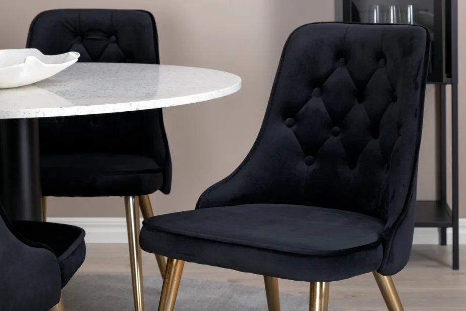 Razzia ümmargune valge terazzo söögilaud ja 4 musta sametist tooli kuldsete jalgadega, GR14078 – 8