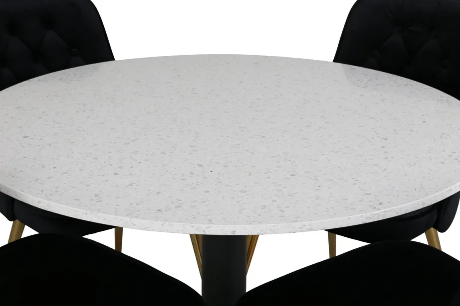Razzia ümmargune valge terazzo söögilaud ja 4 musta sametist tooli kuldsete jalgadega, GR14078 – 10