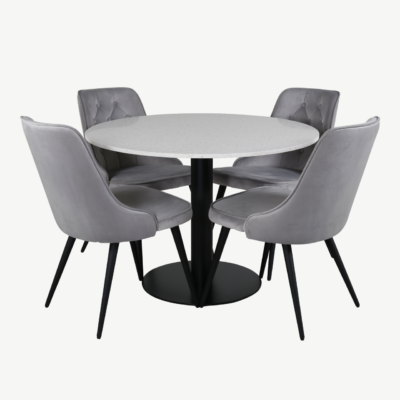 Ümmarguse terazzo lauaplaadiga söögilaud Razzia ja helehallid Velvet Deluxe toolid - GR14096