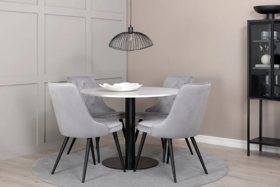 Ümmarguse terazzo lauaplaadiga söögilaud Razzia ja helehallid Velvet Deluxe toolid, GR14096 – 3