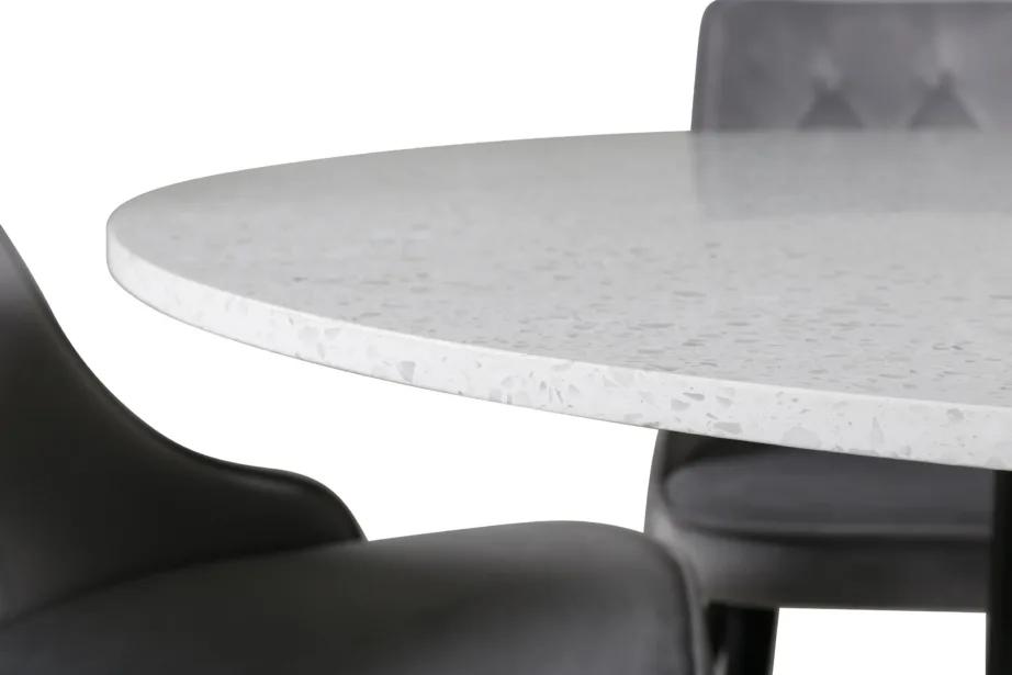 Ümmarguse terazzo lauaplaadiga söögilaud Razzia ja helehallid Velvet Deluxe toolid, GR14096 – 9