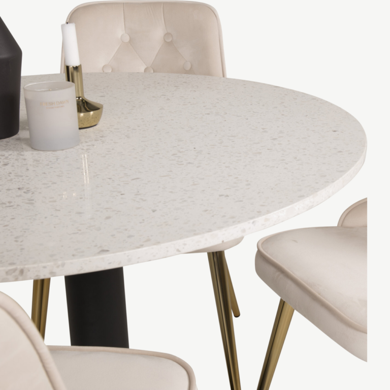 Ümmargune terrazzo söögilauakomplekt Razzia ja beežid velvetist toolid (4 tk) - GR14097