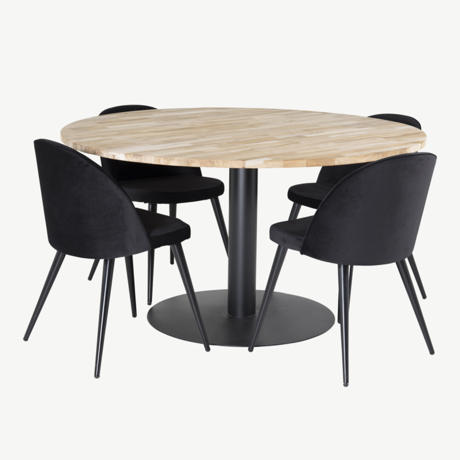 Ümmargune tiigipuust söögilaud Cirebon mustade velvetkattega toolidega, GR18073 – 2