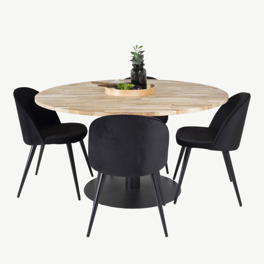 Ümmargune tiigipuust söögilaud Cirebon mustade velvetkattega toolidega, GR18073 – 3