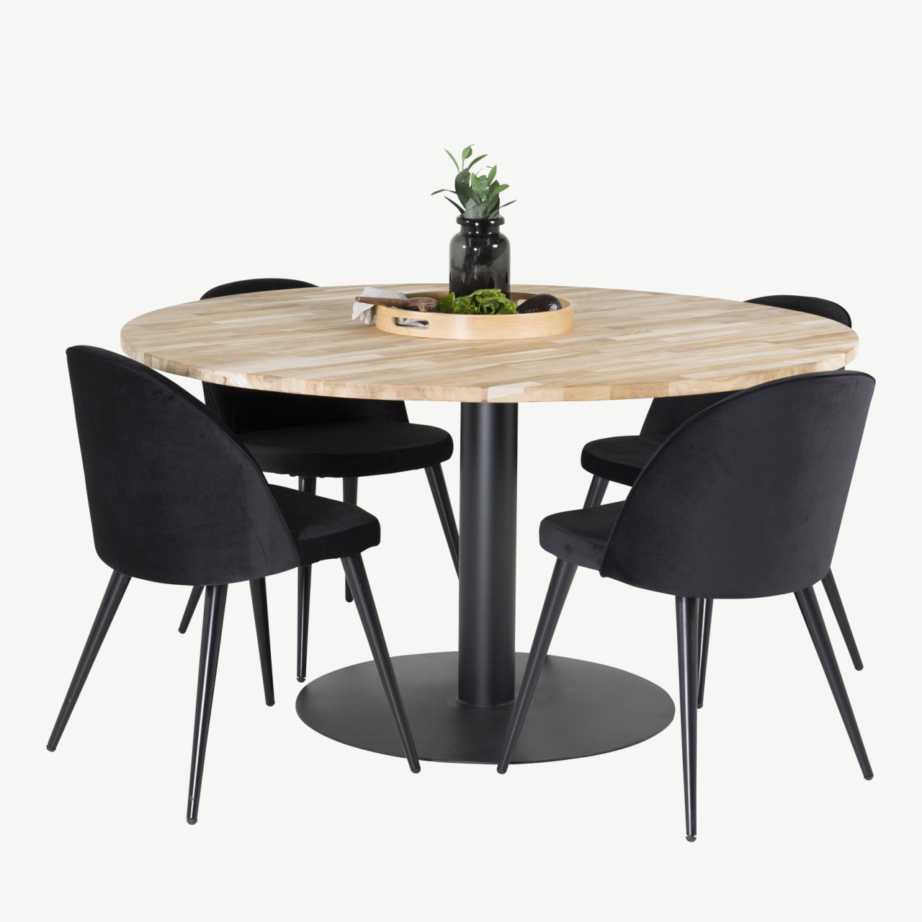 Ümmargune tiigipuust söögilaud Cirebon mustade velvetkattega toolidega, GR18073 – 4