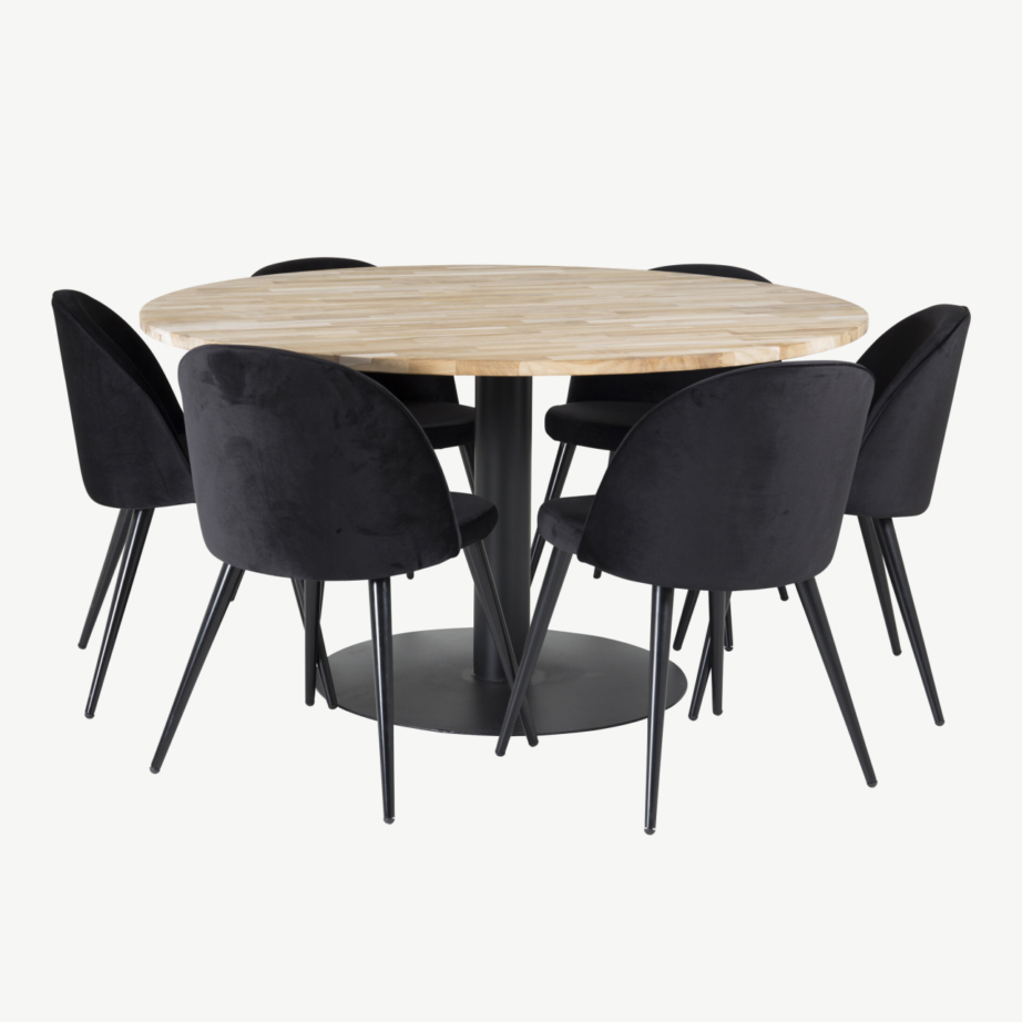 Cireboni ümmargune tiigipuust söögilaud 140 cm ja mustad velvetkattega toolid, GR18074 – 2