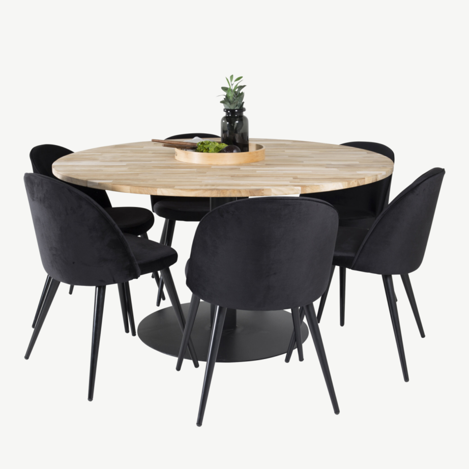 Cireboni ümmargune tiigipuust söögilaud 140 cm ja mustad velvetkattega toolid, GR18074 – 3