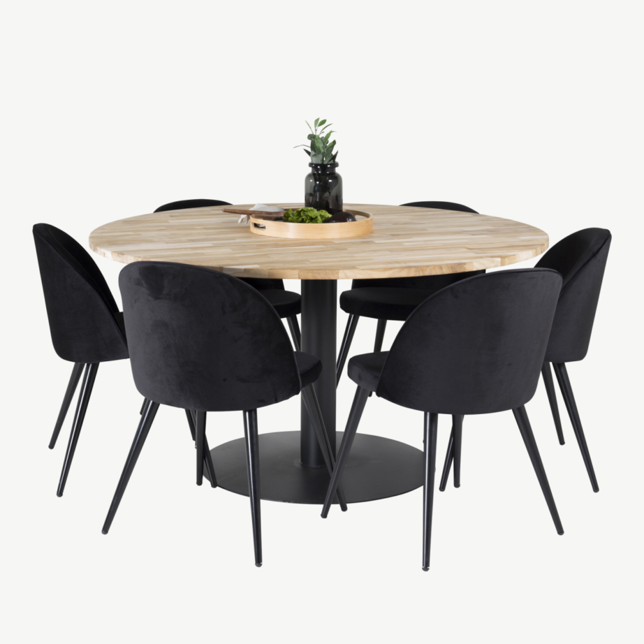 Cireboni ümmargune tiigipuust söögilaud 140 cm ja mustad velvetkattega toolid, GR18074 – 4