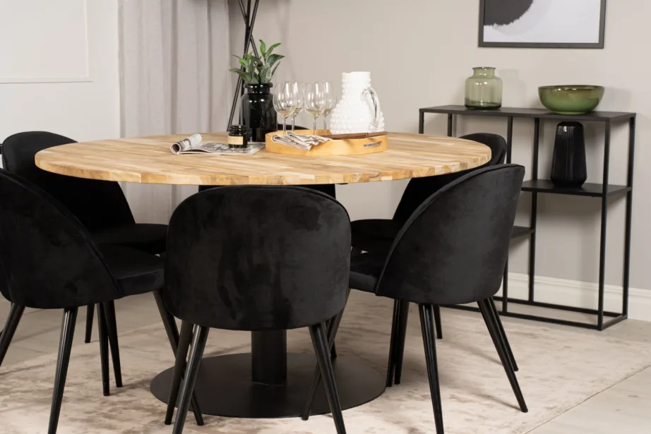 Cireboni ümmargune tiigipuust söögilaud 140 cm ja mustad velvetkattega toolid, GR18074 – 7
