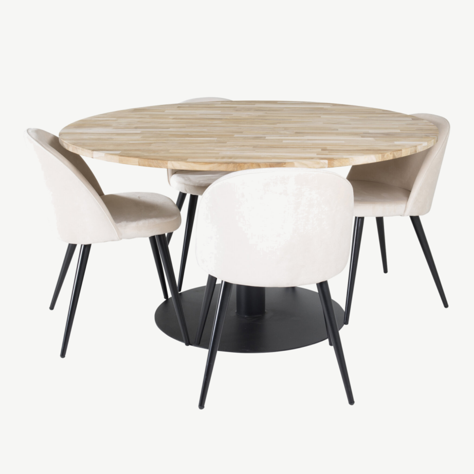 Cireboni ümmargune tiigipuust söögilaud ja 4 beeži sametist tooli, GR18075 – 2