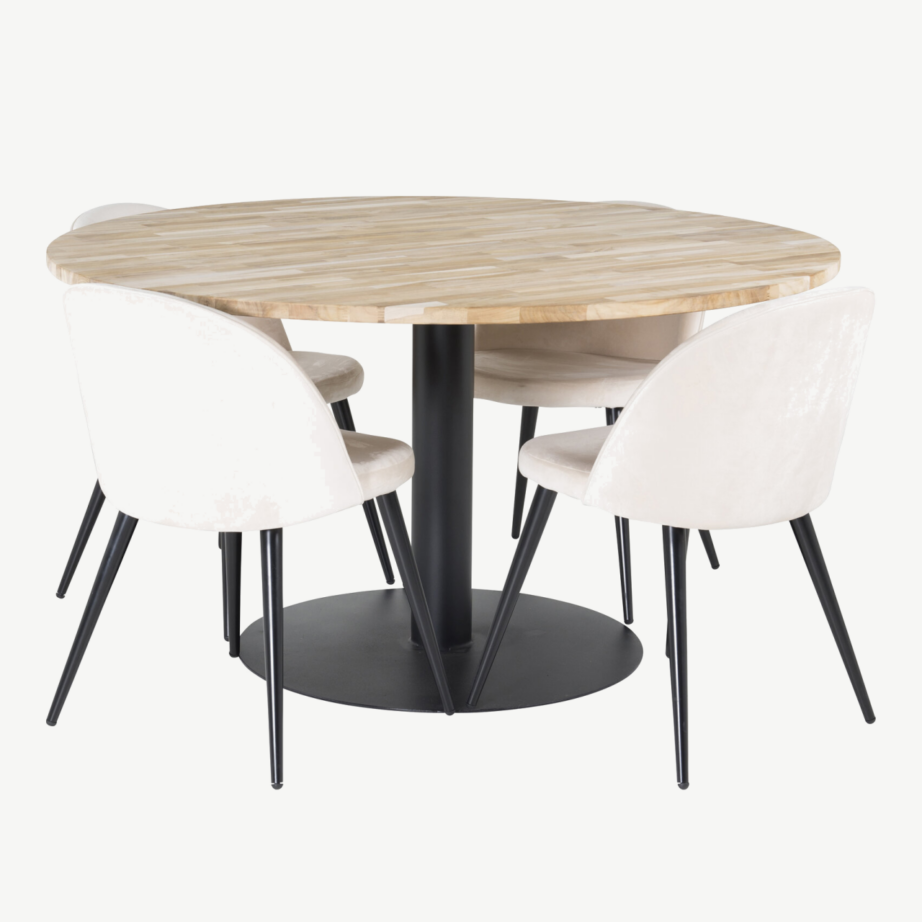 Cireboni ümmargune tiigipuust söögilaud ja 4 beeži sametist tooli, GR18075 – 3