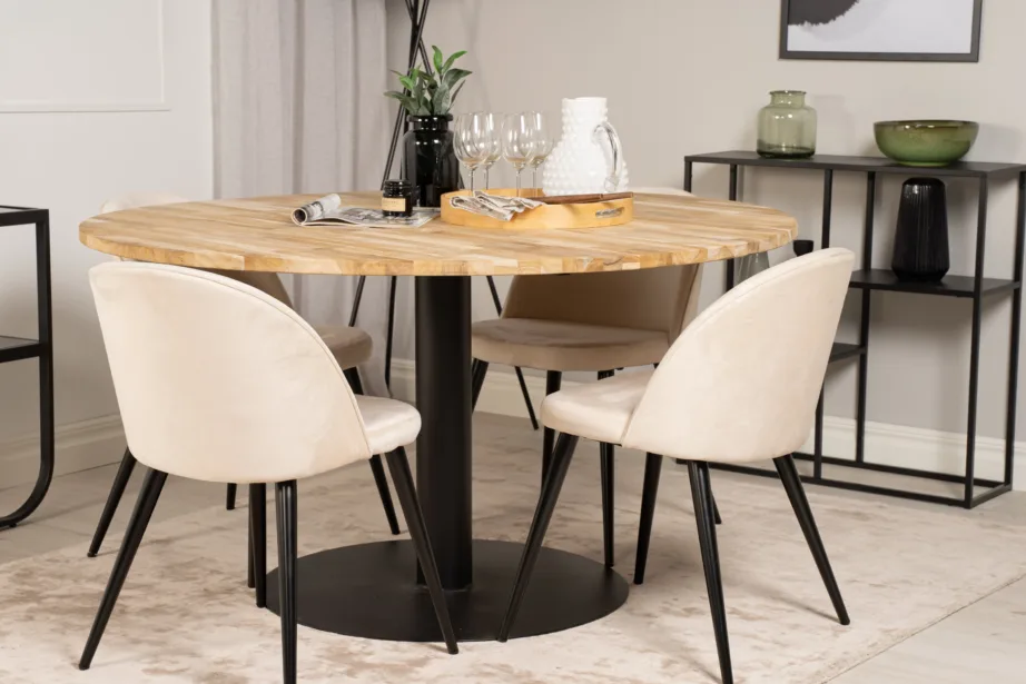 Cireboni ümmargune tiigipuust söögilaud ja 4 beeži sametist tooli, GR18075 – 6