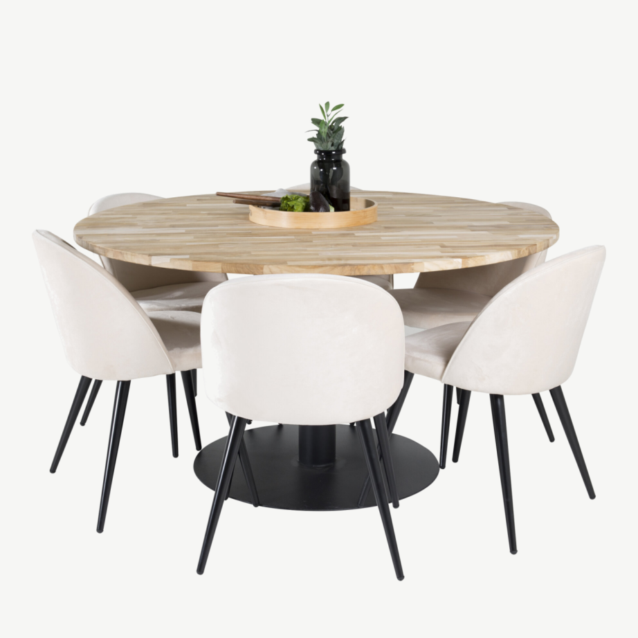 Ümmargune tiigipuust söögilaud Cireboni sarjast ja Velvet söögitoolid (⌀140 cm, must jalaraam, beež kangas), GR18076 – 3