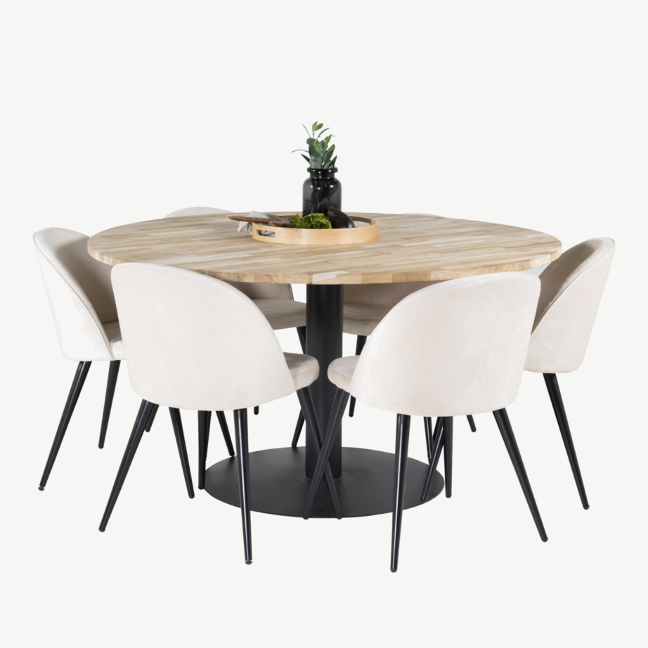 Ümmargune tiigipuust söögilaud Cireboni sarjast ja Velvet söögitoolid (⌀140 cm, must jalaraam, beež kangas), GR18076 – 4