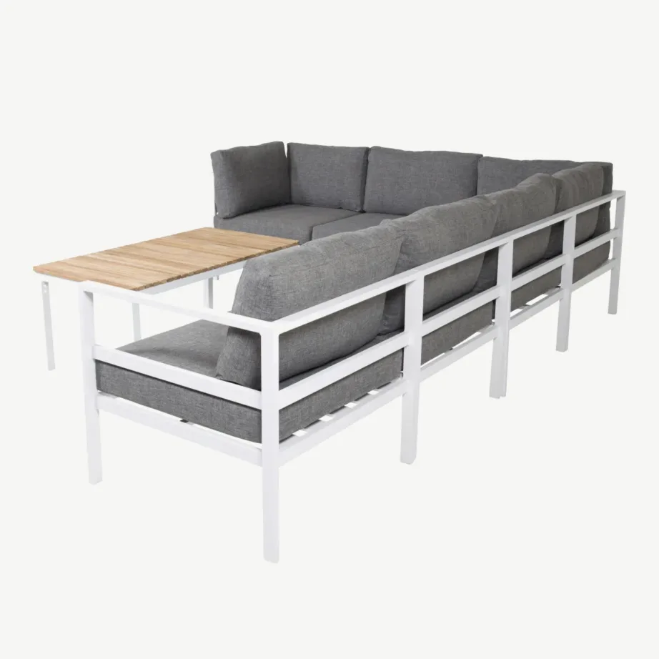 Aianurgadiivan Copacabana valge alumiiniumraamiga, hallide patjade ja tiigipuulauaga, GR18093 – 2