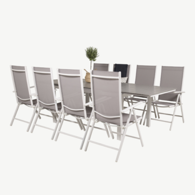 Levels ristkülikukujuline aiakomplekt (alumiinium, aintwood, hall/valge, 8 kokkupandavat reguleeritavat tooli) - GR18247