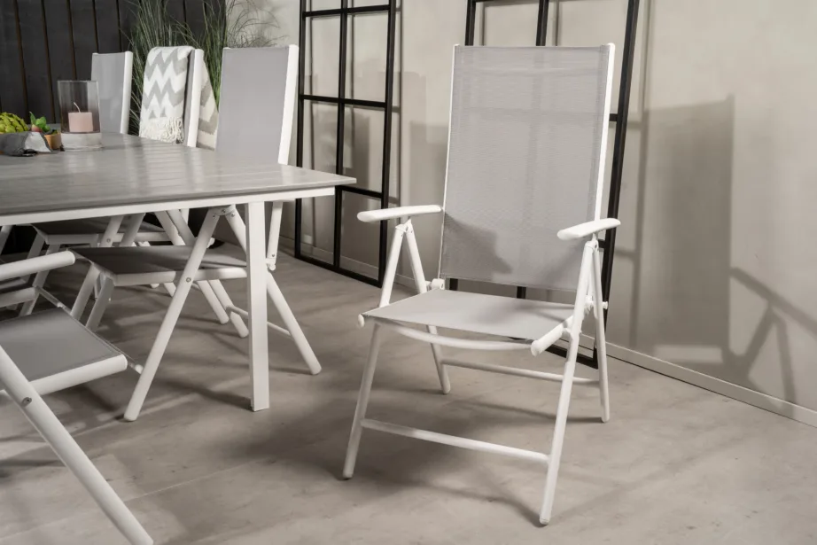 Levels ristkülikukujuline aiakomplekt (alumiinium, aintwood, hall/valge, 8 kokkupandavat reguleeritavat tooli), GR18247 – 8