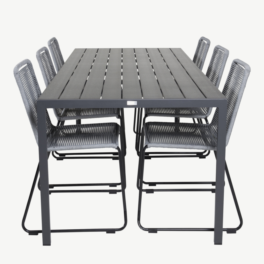 Ristkülikukujuline aiamööblikomplekt Break – mustast puitplastkomposiidist laud ja halli köiega toolid, GR18262 – 2