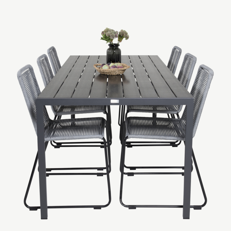 Ristkülikukujuline aiamööblikomplekt Break – mustast puitplastkomposiidist laud ja halli köiega toolid, GR18262 – 3
