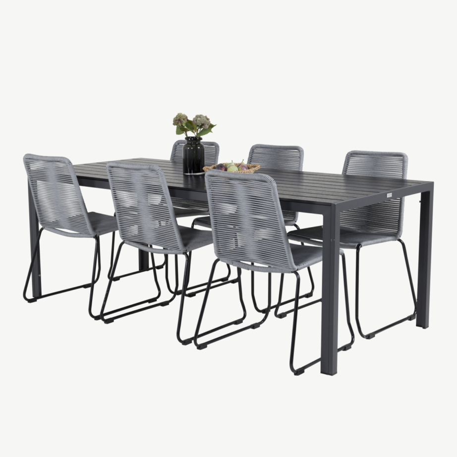 Ristkülikukujuline aiamööblikomplekt Break – mustast puitplastkomposiidist laud ja halli köiega toolid, GR18262 – 4