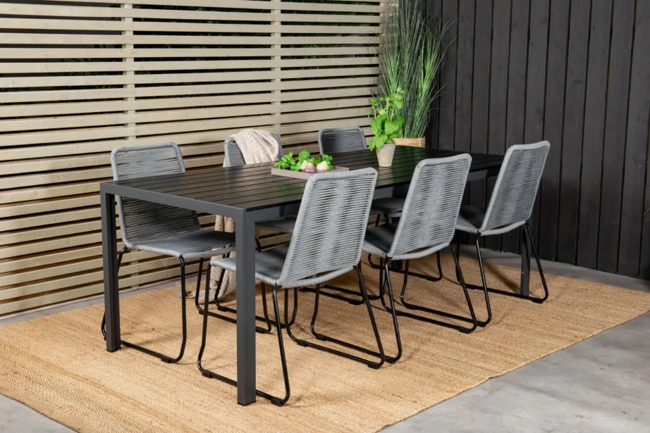 Ristkülikukujuline aiamööblikomplekt Break – mustast puitplastkomposiidist laud ja halli köiega toolid, GR18262 – 6