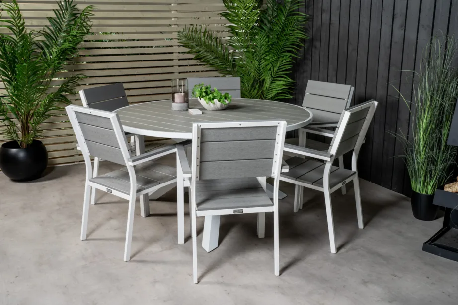 Ümmargune aiamööblikomplekt Parma – valgest alumiiniumist, halli puitplastkomposiidiga, laud ø140 cm ja virnastatavad toolid, GR18266 – 4