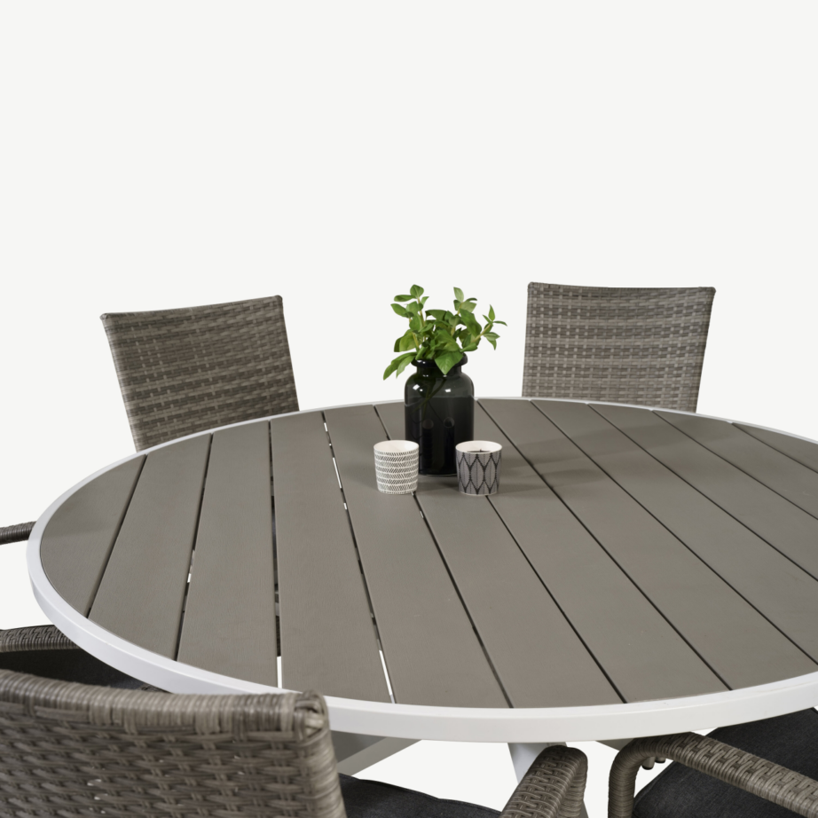 Parma ümmargune aiamööblikomplekt (puitplastkomposiit, valge/hall, 6 halli kunstrotangist tooli), GR18270 – 3