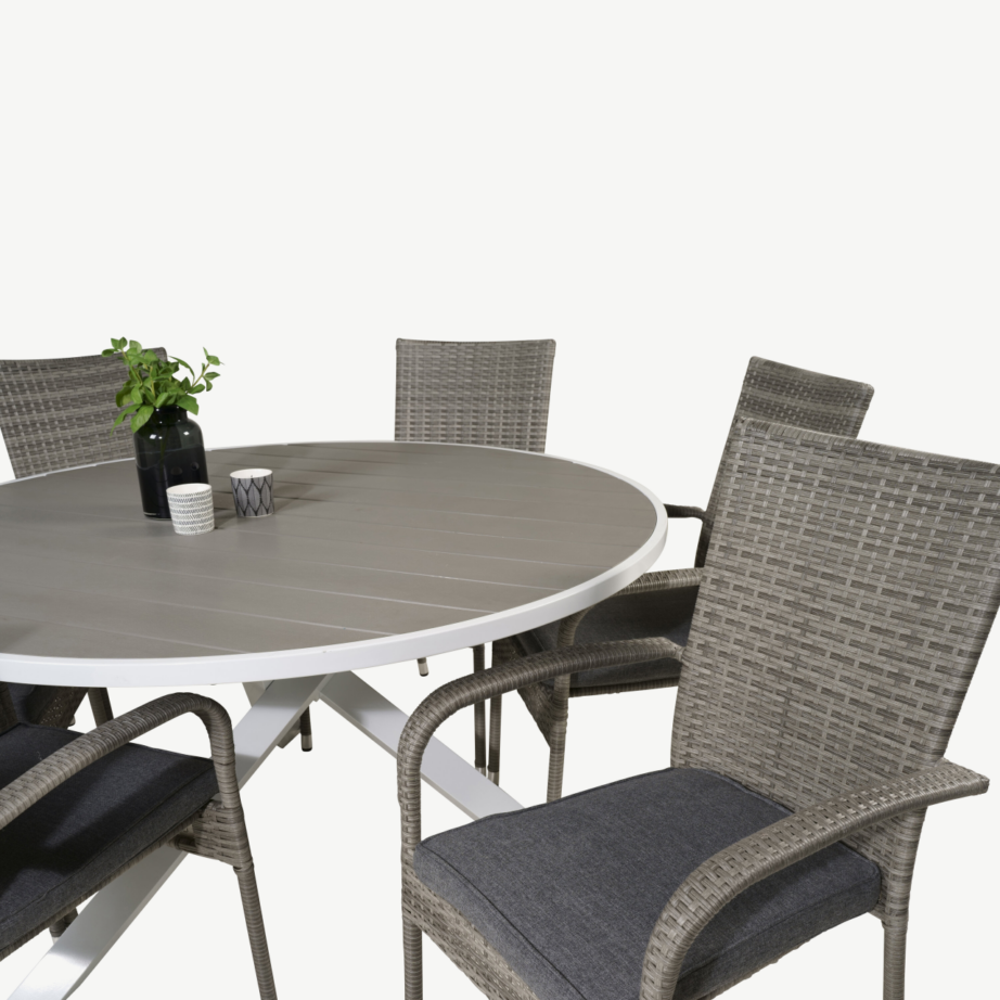 Parma ümmargune aiamööblikomplekt (puitplastkomposiit, valge/hall, 6 halli kunstrotangist tooli), GR18270 – 4