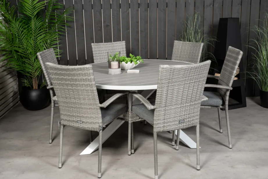 Parma ümmargune aiamööblikomplekt (puitplastkomposiit, valge/hall, 6 halli kunstrotangist tooli), GR18270 – 5