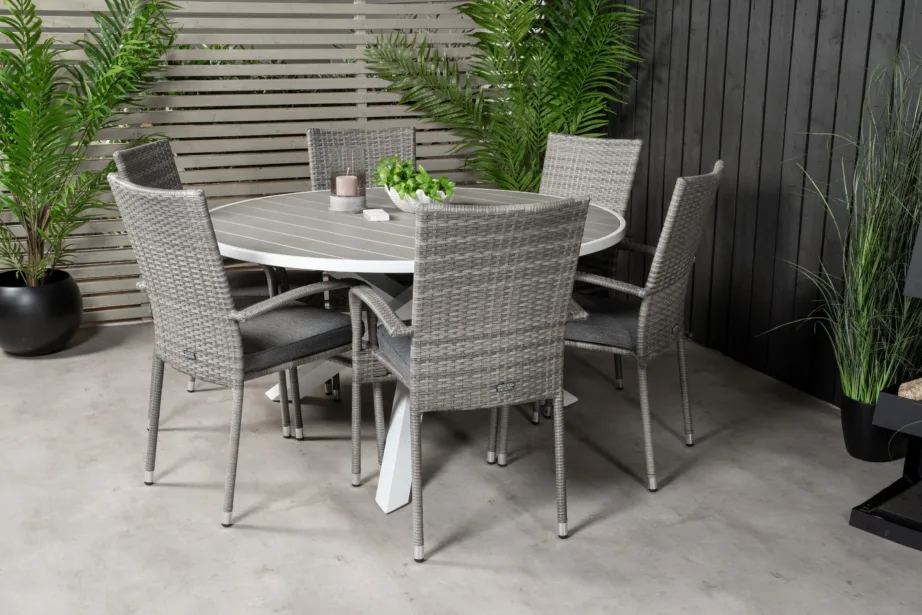 Parma ümmargune aiamööblikomplekt (puitplastkomposiit, valge/hall, 6 halli kunstrotangist tooli), GR18270 – 6