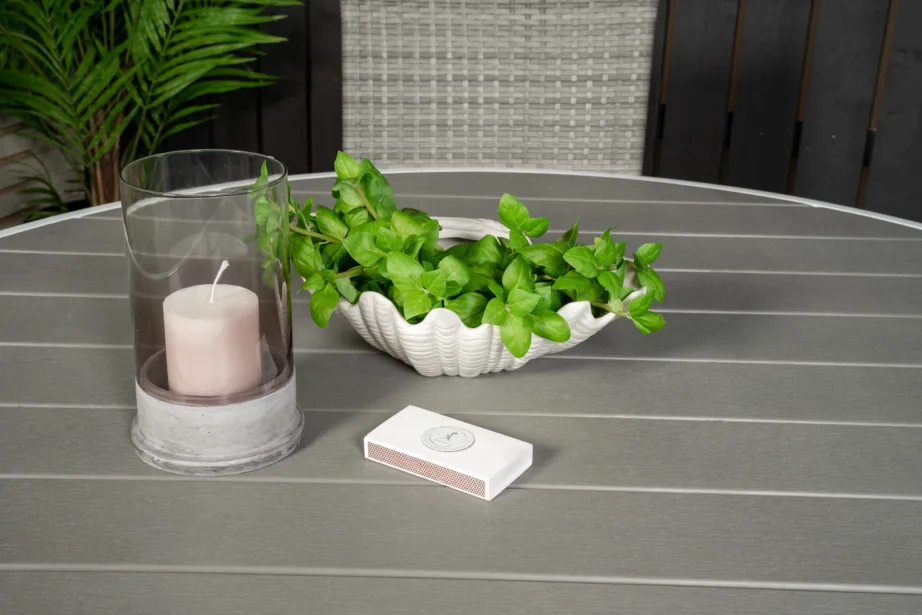 Parma ümmargune aiamööblikomplekt (puitplastkomposiit, valge/hall, 6 halli kunstrotangist tooli), GR18270 – 7