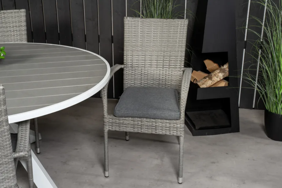 Parma ümmargune aiamööblikomplekt (puitplastkomposiit, valge/hall, 6 halli kunstrotangist tooli), GR18270 – 8