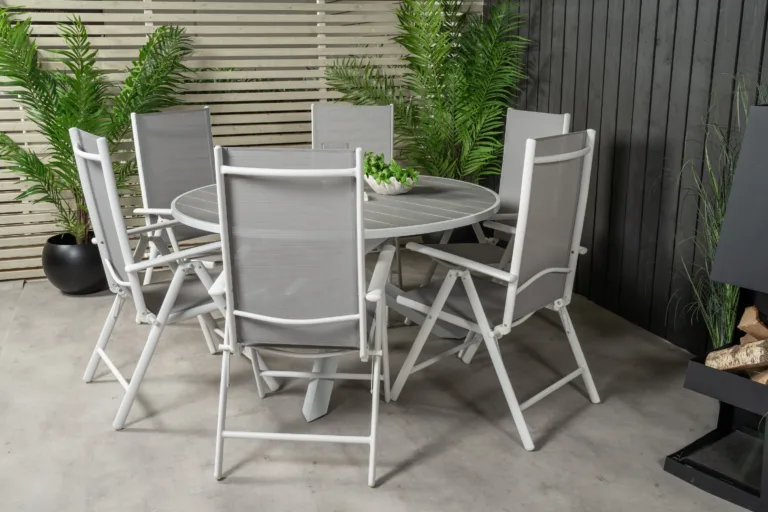 Parma ümmargune aiamööblikomplekt (puitplastkomposiit, valge/hall, 6 kokkupandavat tooli) - GR18271
