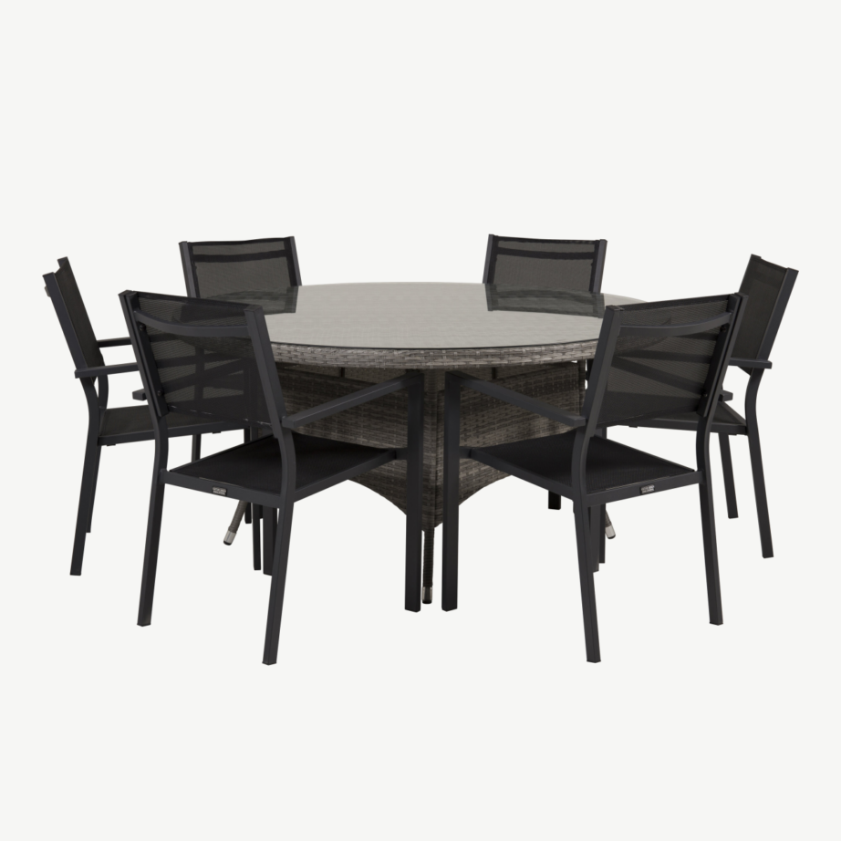 Volta ümmargune aiamööblikomplekt klaaslauaga, mustad virnastatavad toolid, GR18298 – 2