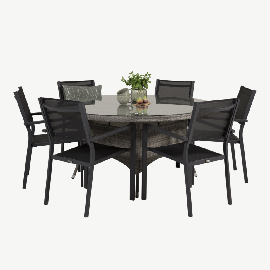 Volta ümmargune aiamööblikomplekt klaaslauaga, mustad virnastatavad toolid, GR18298