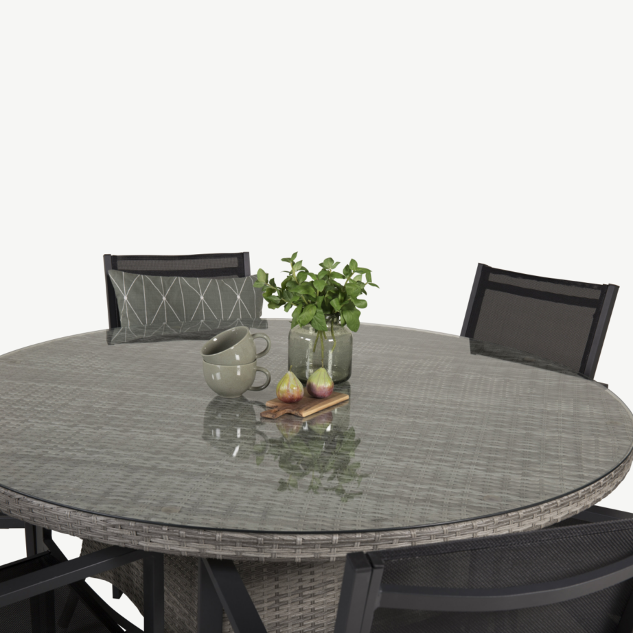 Volta ümmargune aiamööblikomplekt klaaslauaga, mustad virnastatavad toolid, GR18298 – 3