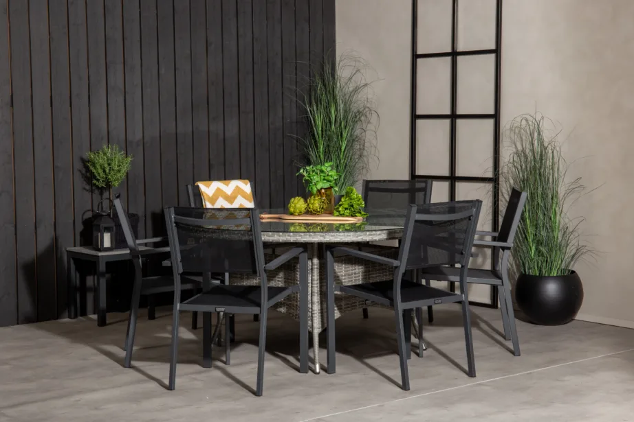 Volta ümmargune aiamööblikomplekt klaaslauaga, mustad virnastatavad toolid, GR18298 – 5