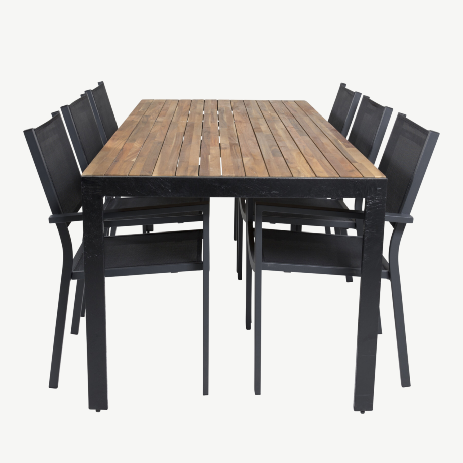 Bois ristkülikukujuline akaatsiapuidust aiamööbli komplekt mustade alumiiniumtoolidega, GR18369 – 2