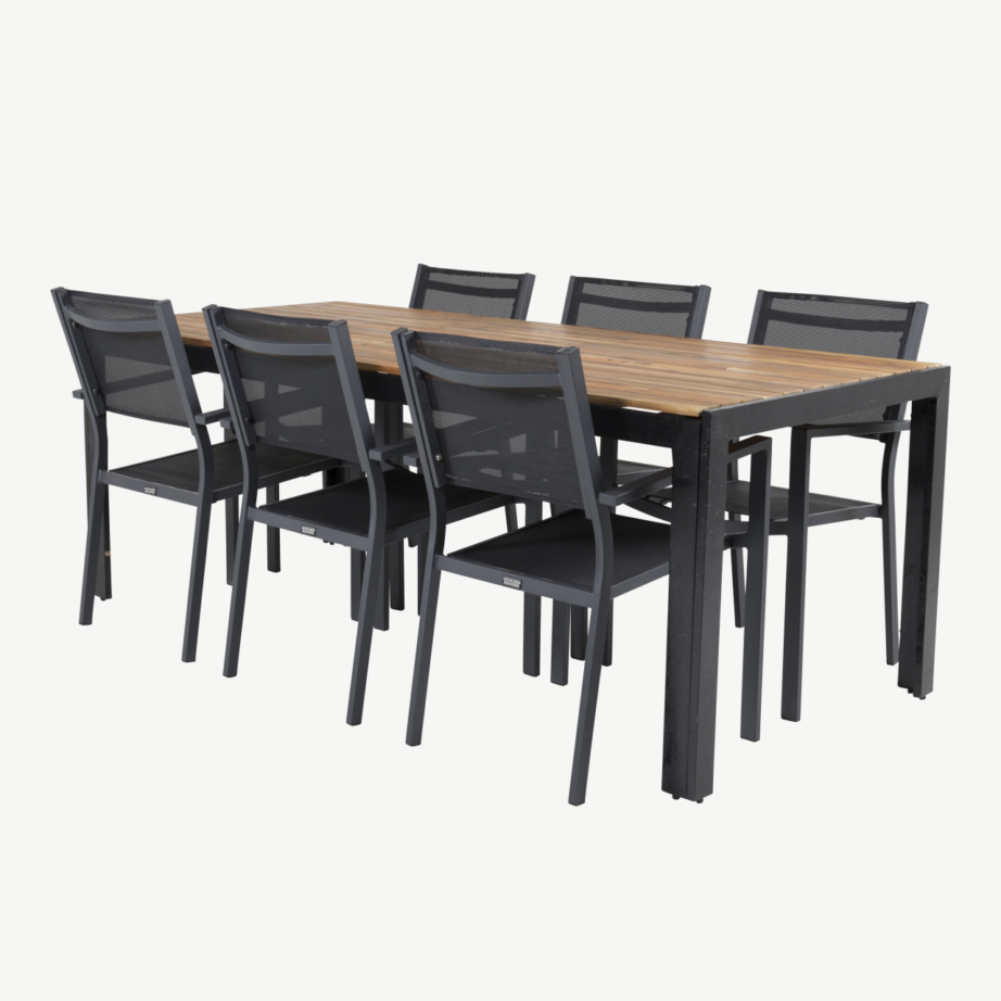 Bois ristkülikukujuline akaatsiapuidust aiamööbli komplekt mustade alumiiniumtoolidega, GR18369 – 3